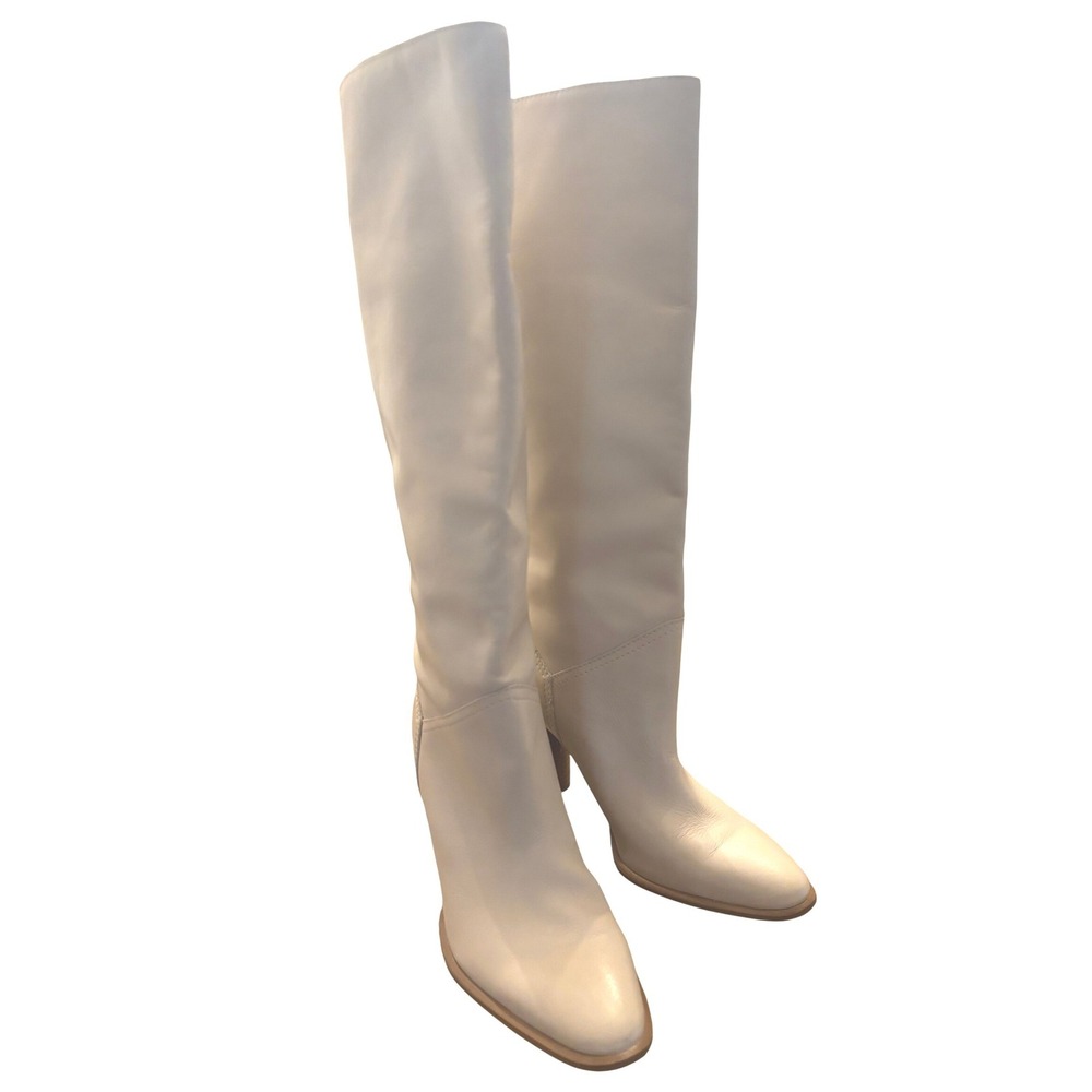 Zara Boots Women 9 White Leather Knee High Block Heel Pointed Toe Pull On NEW